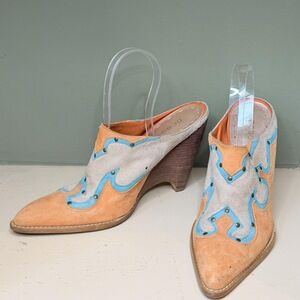 Vintage suede rustic western cowboy mule clogs in Orange turquoise americana